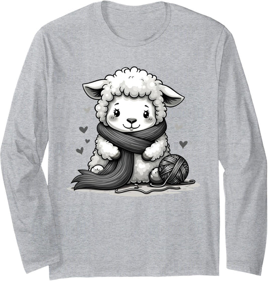 Cute Sheep With Knitting Yarn And Wool Scarf Long Sleeve