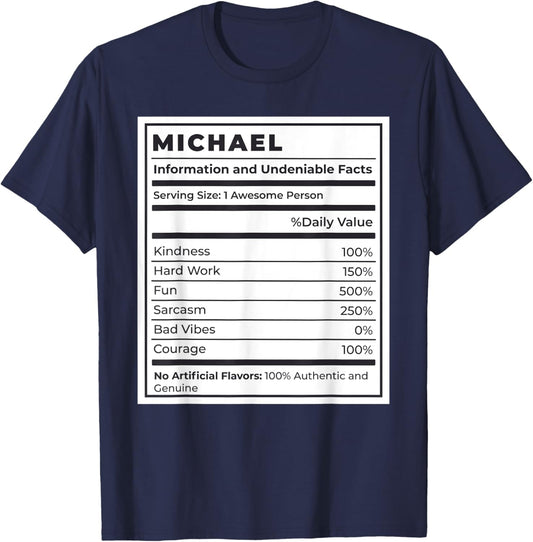 Catumet Names & Monograms Michael Nutritional Facts T-Shirt, Unisex, Blue, Small, Short Sleeve