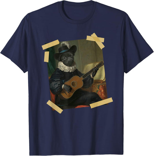 Funny Dog Playing Ukulele Fancy Art Painting Taped In Place T-Shirt for Men Women Kids