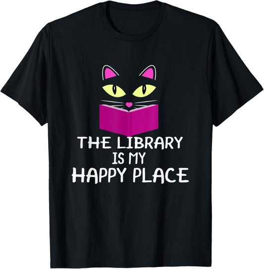 Cute Kitty Cat Face The Library Is My Happy Place T-Shirt for Men Women Kids