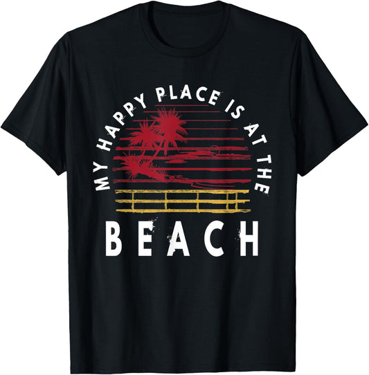 Retro My Happy Place Is At The Beach Shirt Funny Summer