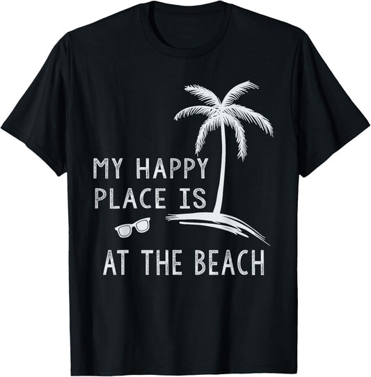 Retro My Happy Place Is At The Beach Shirt Funny Summer T-Shirt for Men Women Kids