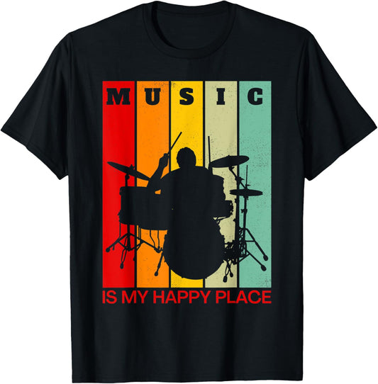 Retro Music Is My Happy Place Funny Drummer Shirt Musician