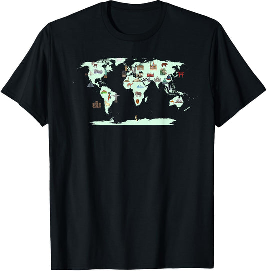 Famous Borderstone World Map T-Shirt Attractive Places