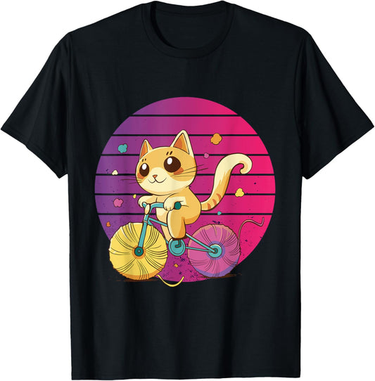 Cat on bike adorable kitty yarn wheels cat lovers cycling T-Shirt for Men Women Kids