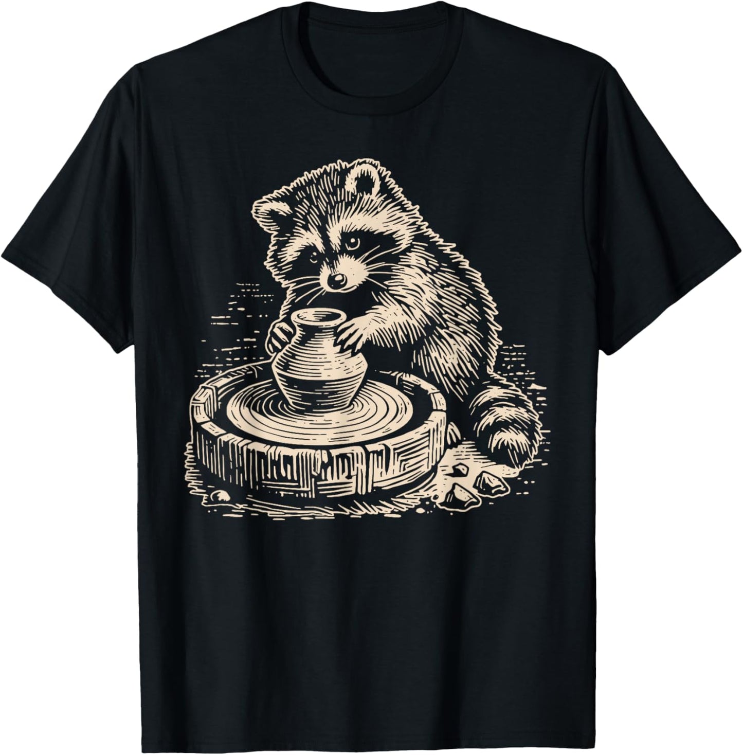 Retro Cute Raccoon At Pottery Wheel Throwing Animal Pottery