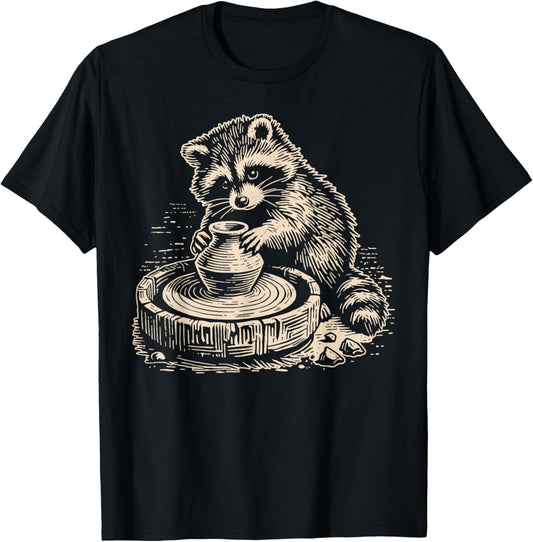 Retro Cute Raccoon At Pottery Wheel Throwing Animal Pottery