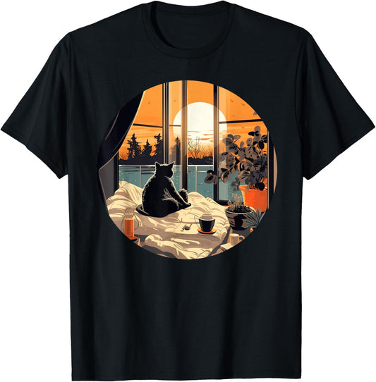 Cozy warm home with cat and sunset for home place lovers T-Shirt for Men Women Kids