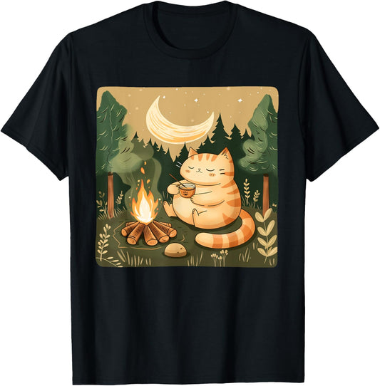 Funny Fire Place and cool Cat for camping Lovers T-Shirt for Men Women Kids