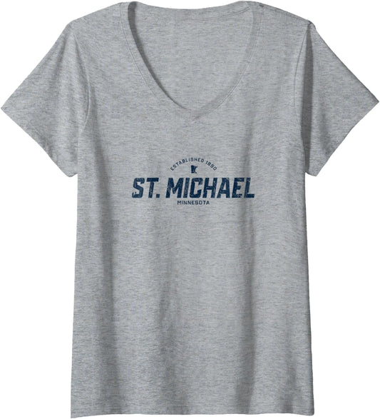 Womens St. Michael Minnesota MN Vintage Athletic Navy Sports Logo V-Neck