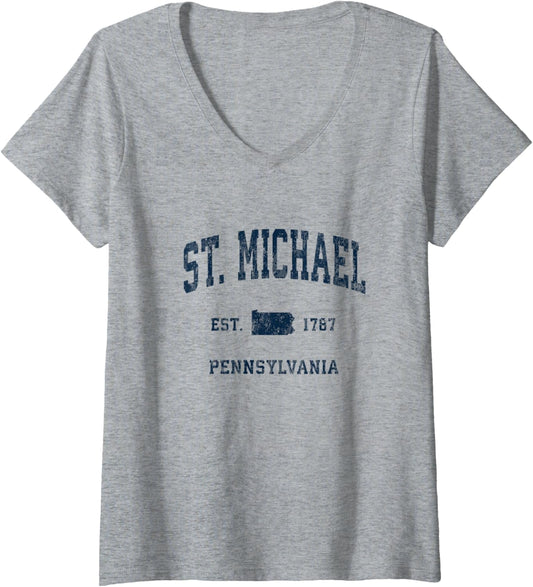 Womens St. Michael Pennsylvania PA Vintage Athletic Navy Sports Des V-Neck