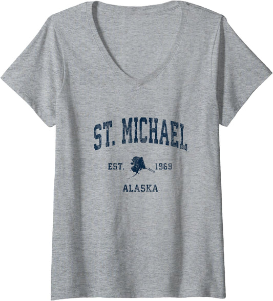 Womens St. Michael Alaska AK Vintage Athletic Navy Sports Design V-Neck
