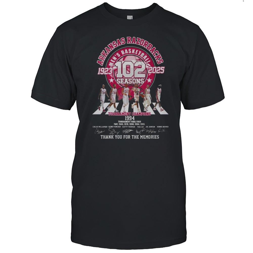 Arkansas Razorbacks Mens Basketball 102 Seasons 1923 2025 Tournament Champions Thank You For The Memories Signatures Shirt
