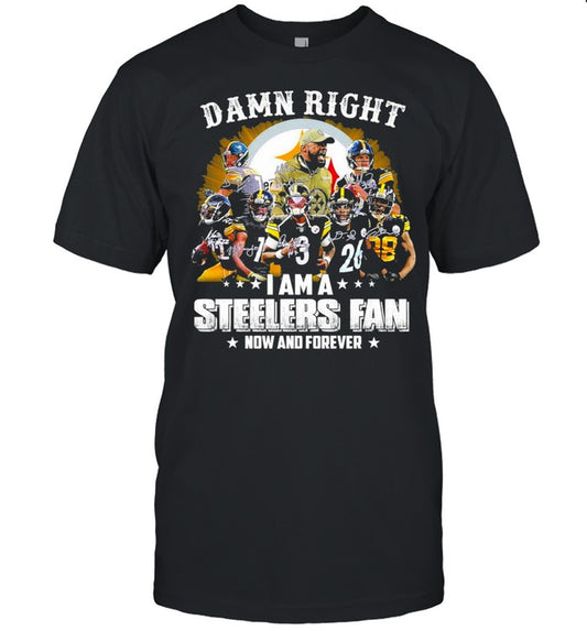 damn right I am a steelers fan now and forever t shirt