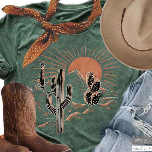 Desert Sunrise T-Shirt, Cactus Graphic Tee, Cowgirl Style, Cotton S-4X, Travel Women's Shirt, Western