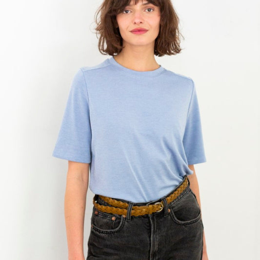 Sky Blue T-shirt, Cotton & Silk T-shirt, Short Sleeves Top, Minimalist T-Shirt, Casual Bright Blue Top, Summer Women's Clothing, Vintage Top