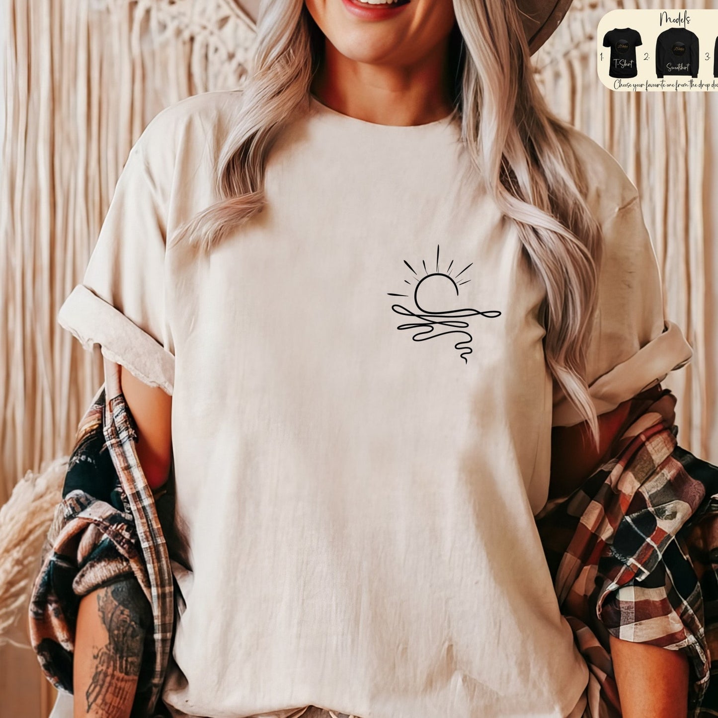 Boho Ocean Sun Tee, Nature Graphic T-shirt, Women Summer Tee, Sunrise Hoodie For Women, Beach Shirts, Sunset Waves Sweatshirt, Boho Summer