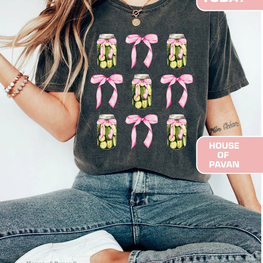 Comfort Colors® Pickle TShirt, Vintage, Pink Bow Shirt, Pickle Lover, Coquette Pickles Aesthetic, Ribbons, Lace, Trendy Graphic Tee, Gift