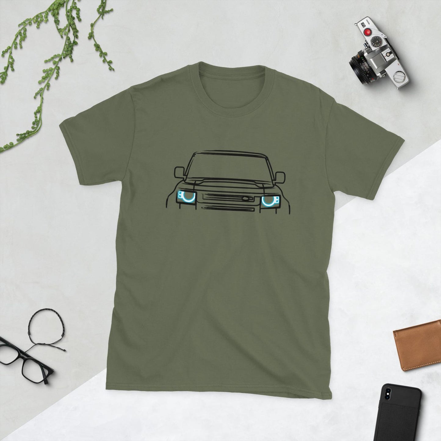 Brushed Land Rover Defender Outline T-Shirt Front and Back – Classic Car Lovers' Short-Sleeve Unisex T-Shirt