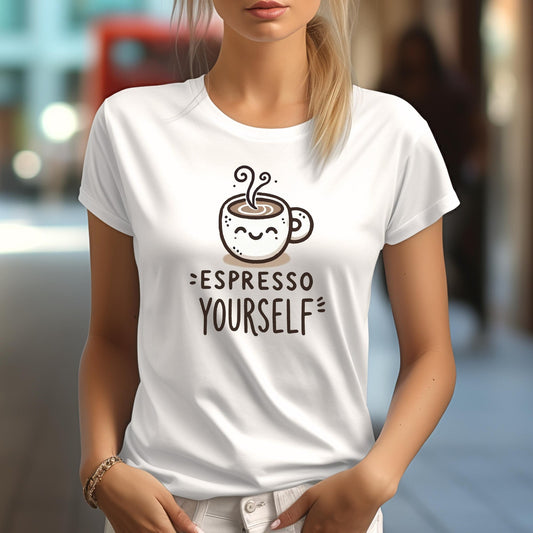 Espresso Yourself T-Shirt, Unisex Coffee Cup Tee, Minimalist Coffee Lover Gift, Soft Neutral Colors Graphic Design