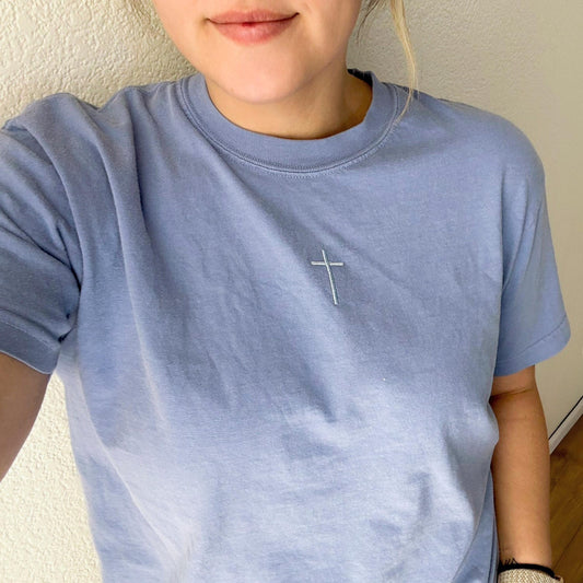 Tone on Tone Embroidered Cross Comfort Colors Tee -  Minimalist Faith Shirt - Simple Cross Short Sleeve T Shirt  - Christian Apparel