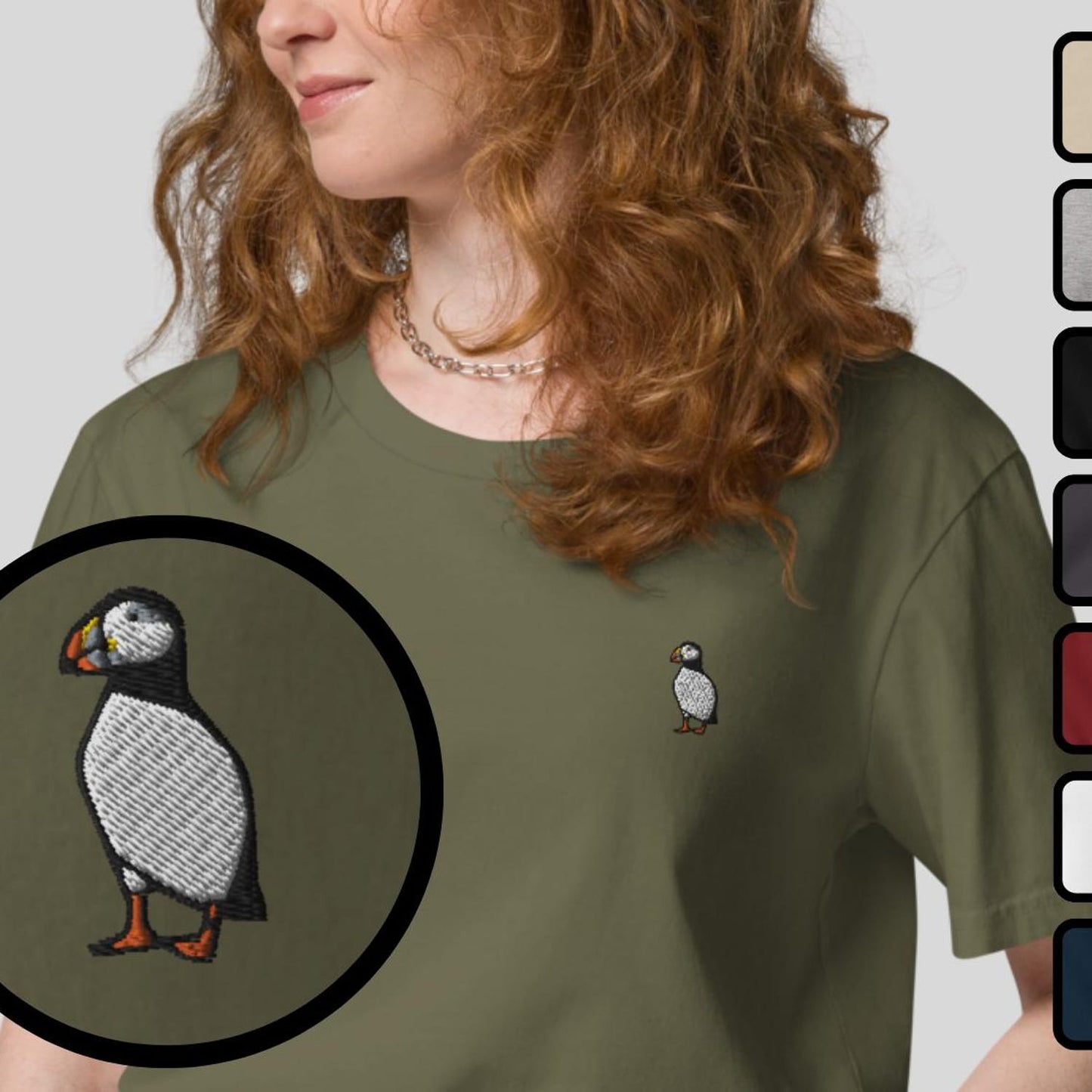 Puffin Organic Embroidered Unisex T-Shirt Minimal Design