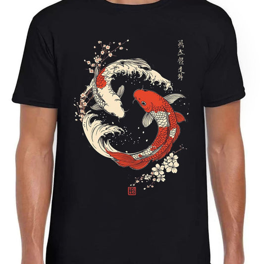 Yin Yang The Great Wave Off Koi Fish Cherry Blossoms Japanese Calligraphy Art Drawing Cult Meme Movie Music Cool Gift Tee Black T Shirt 414