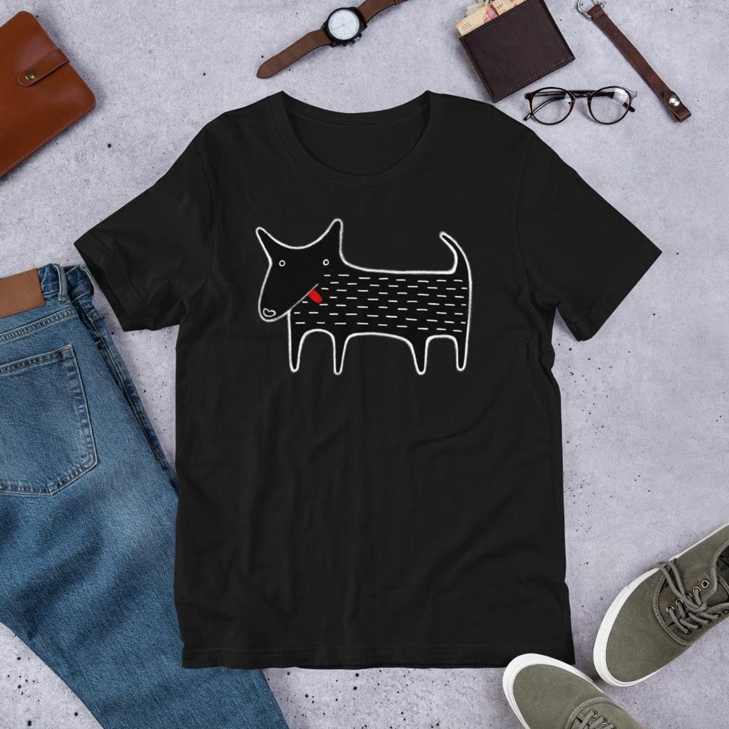 STRAIGHT CUT T-SHIRT Black Dog Kawaii Folk Art Animal Graphic Tee Whimsical Housewarming Funny Dog Lover Gifts Birthday Weird Derpy Cute