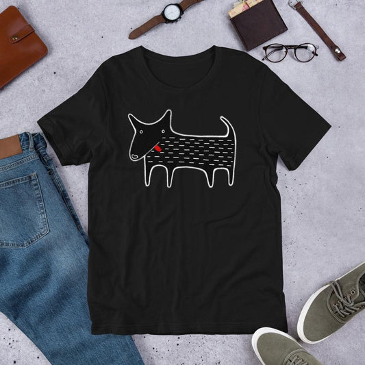 STRAIGHT CUT T-SHIRT Black Dog Kawaii Folk Art Animal Graphic Tee Whimsical Housewarming Funny Dog Lover Gifts Birthday Weird Derpy Cute