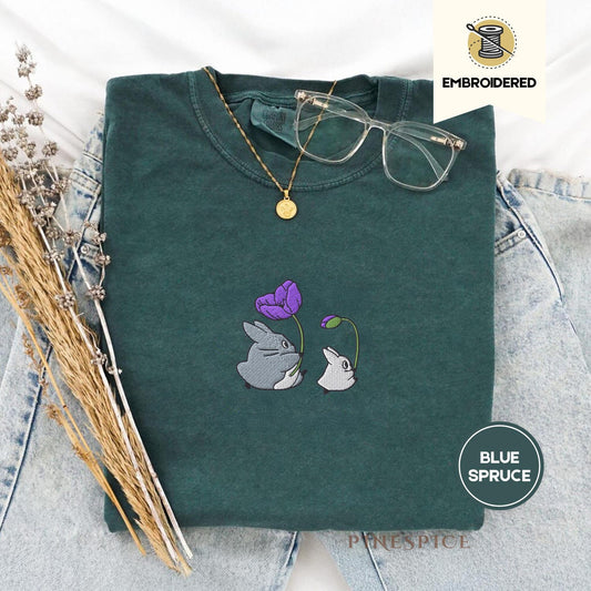 Forest Spirits Flowers Embroidered Comfort Colors Tee, Whimsical Nature-Inspired Cozy Cottagecore Anime Aesthetic