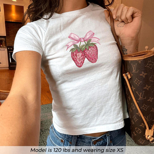 Strawberry Baby Tee, Coquette Y2K Graphic Tee, Fruit Crop Top, Summer Baby Tee Women, Retro Fitted Shirt, Cute Aesthetic Tee