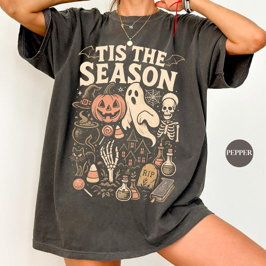 Vintage Halloween Comfort Colors® T Shirt | Retro 'Tis The Season Skeleton Pumpkin Ghost Halloween TShirt | Y2K Halloween | Women's Shirt