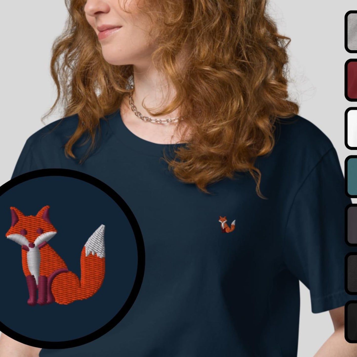 Fox Organic Embroidered Unisex T-Shirt Minimal Animal Design
