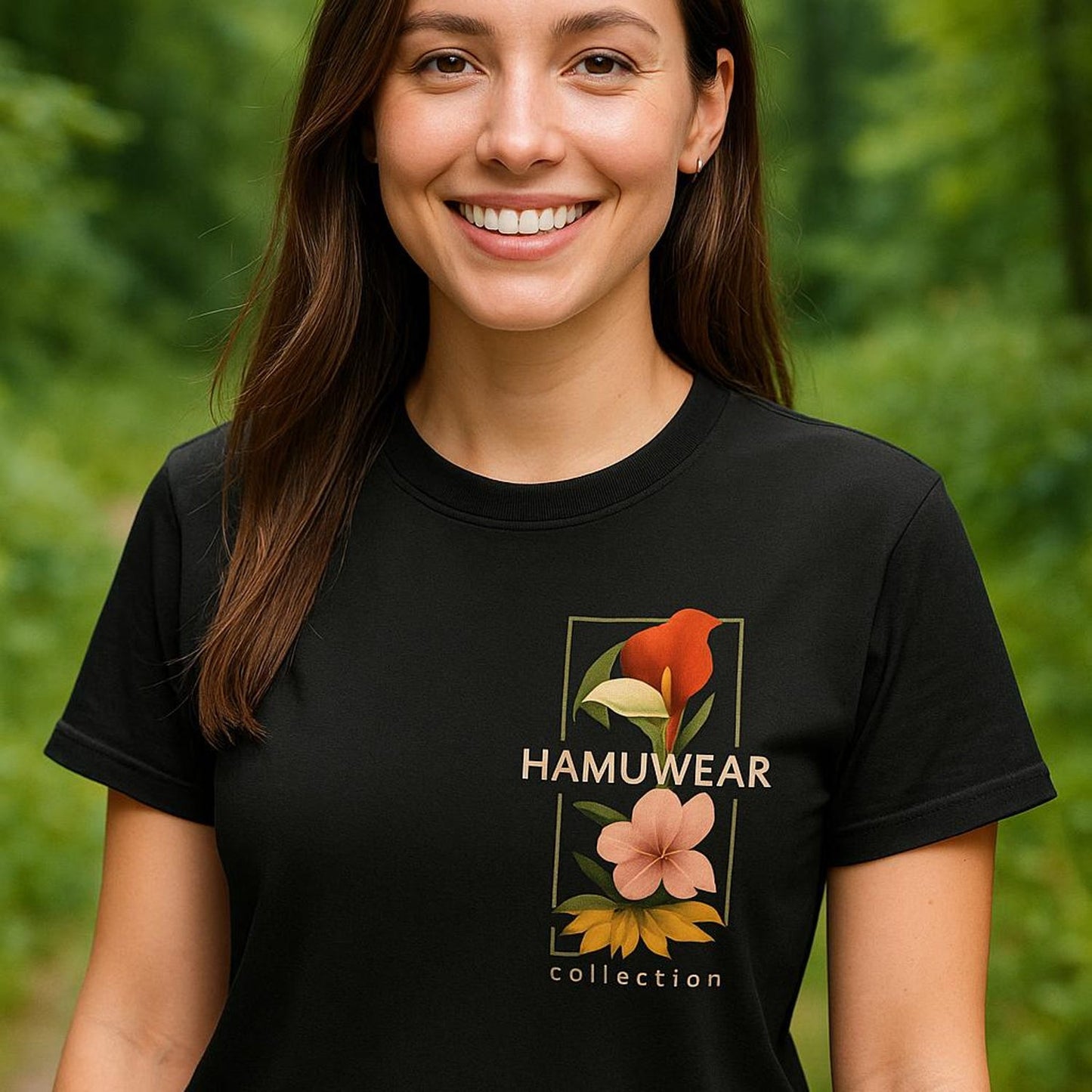 Botanical Floral T-Shirt, Minimalist Nature Tee - Black Hamuwear