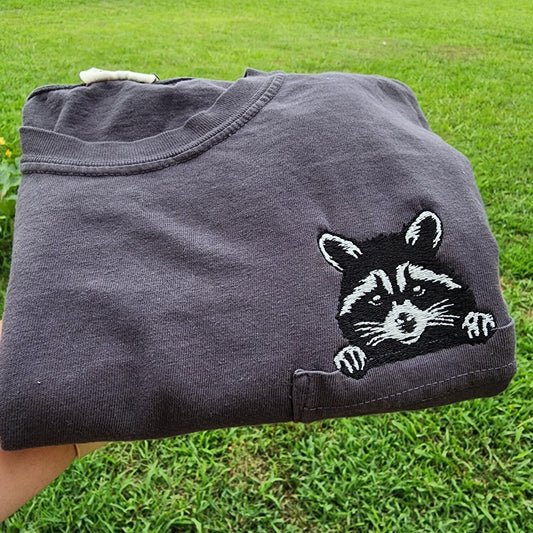 Raccoon pocket t-shirt, comfort colors embroidered shirt, cute raccoon pocket tee, cute every day tee, gift for her, trendy trash panda