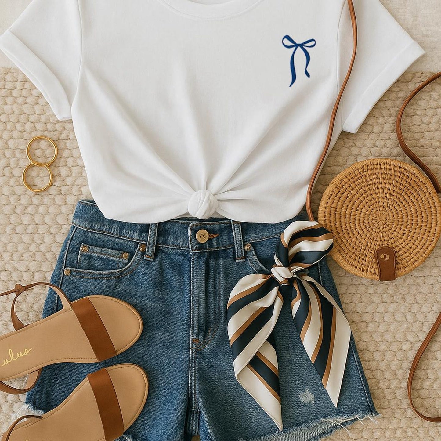 Women’s White T-Shirt with Navy Blue Bow Embroidery, Minimalist Cotton Tee