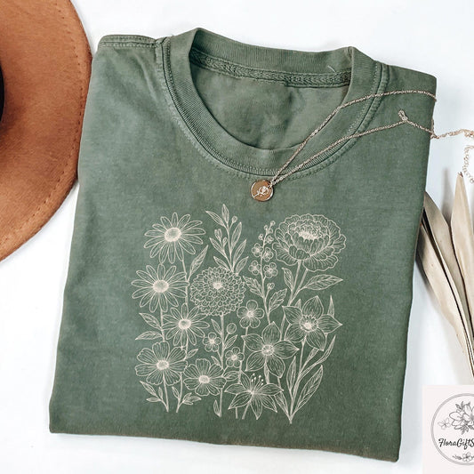 Comfort Aesthetic Pressed Flowers Shirt, Boho Floral Tshirt, Graphic Botanical Floral Tee, Wildflowers Sweatshirt, Gardener Lover Gift