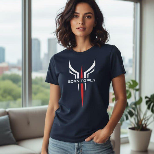 Women’s basic softstyle navy blue pilot t-shirt born to fly minimalist elegance design