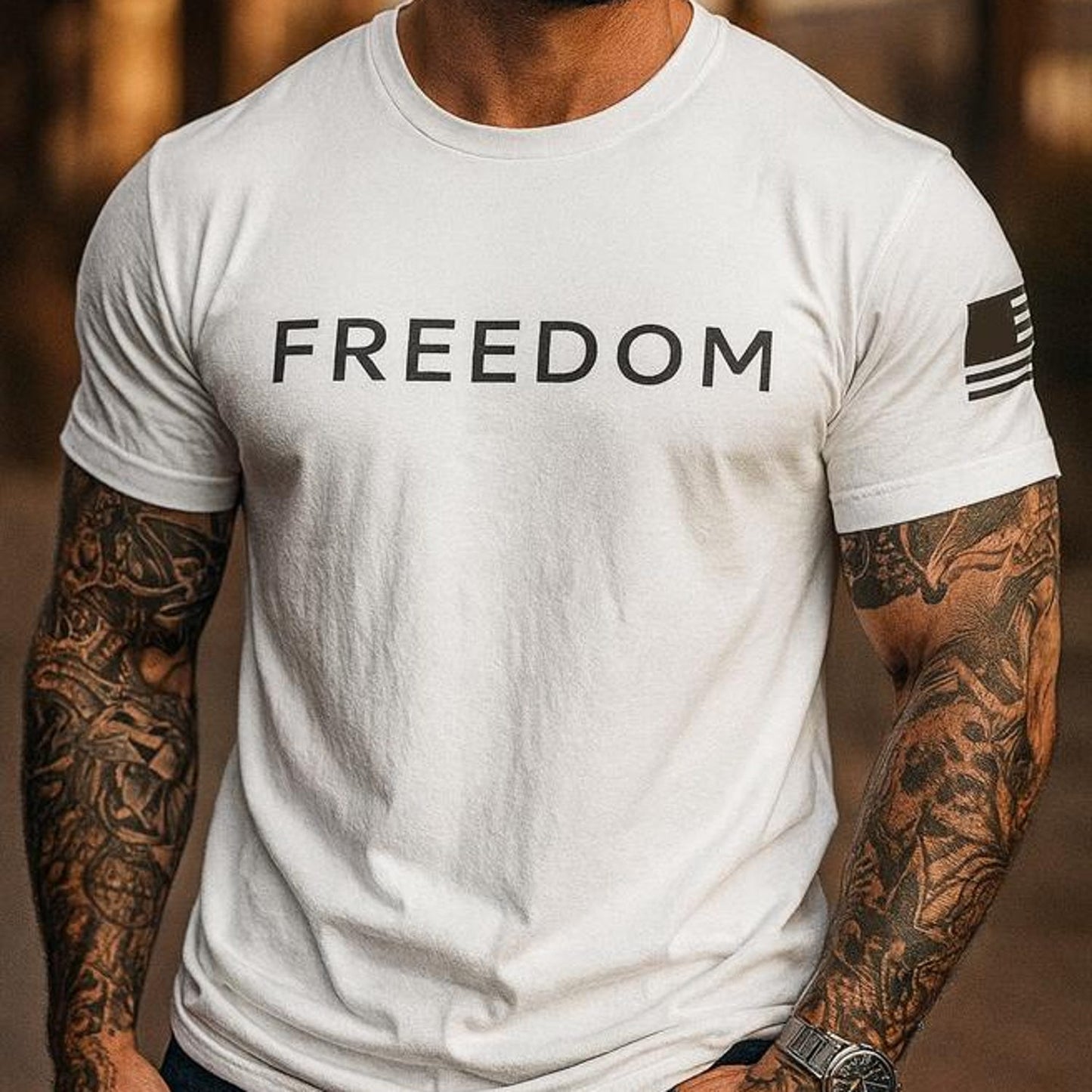 Freedom T-Shirt, Minimalist Patriotic Graphic Tee, American Flag Sleeve USA Shirt for Men & Women