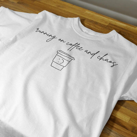 Running on Coffee and Chaos Shirt – Minimalist Handwritten Tee for Tired Mom, Coffee Lover, Funny Gift for Her, Caffeine Lover Unisex TShirt