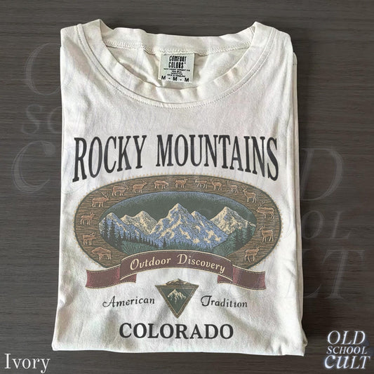 Vintage Rocky Mountains Colorado T-Shirt, Outdoor Discovery Graphic Tee, 90s Mountain Hiking Shirt, Comfort Colors Ivory Nature Top