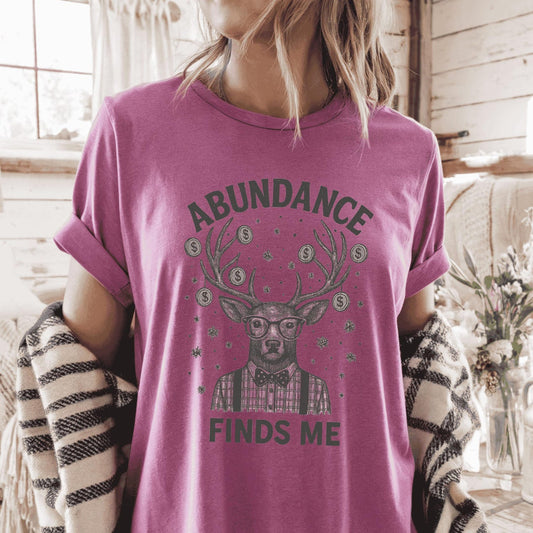 Abundance Finds Me Unisex T-Shirt, Minimalist Deer Print, Mindful Retro 100% Cotton Holiday Gift