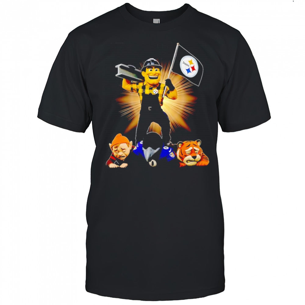 Pittsburgh Steelers mascot standing with flag shirt