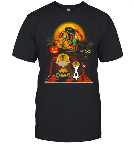 Snoopy and Charlie Brown Pumpkin Chicago Blackhawks Halloween Moon shirt
