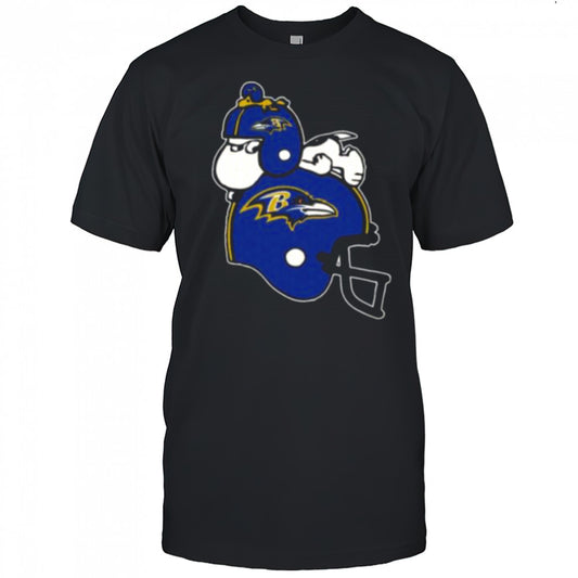 Snoopy And Woodstock Resting On Baltimore Ravens Helmet Shirt