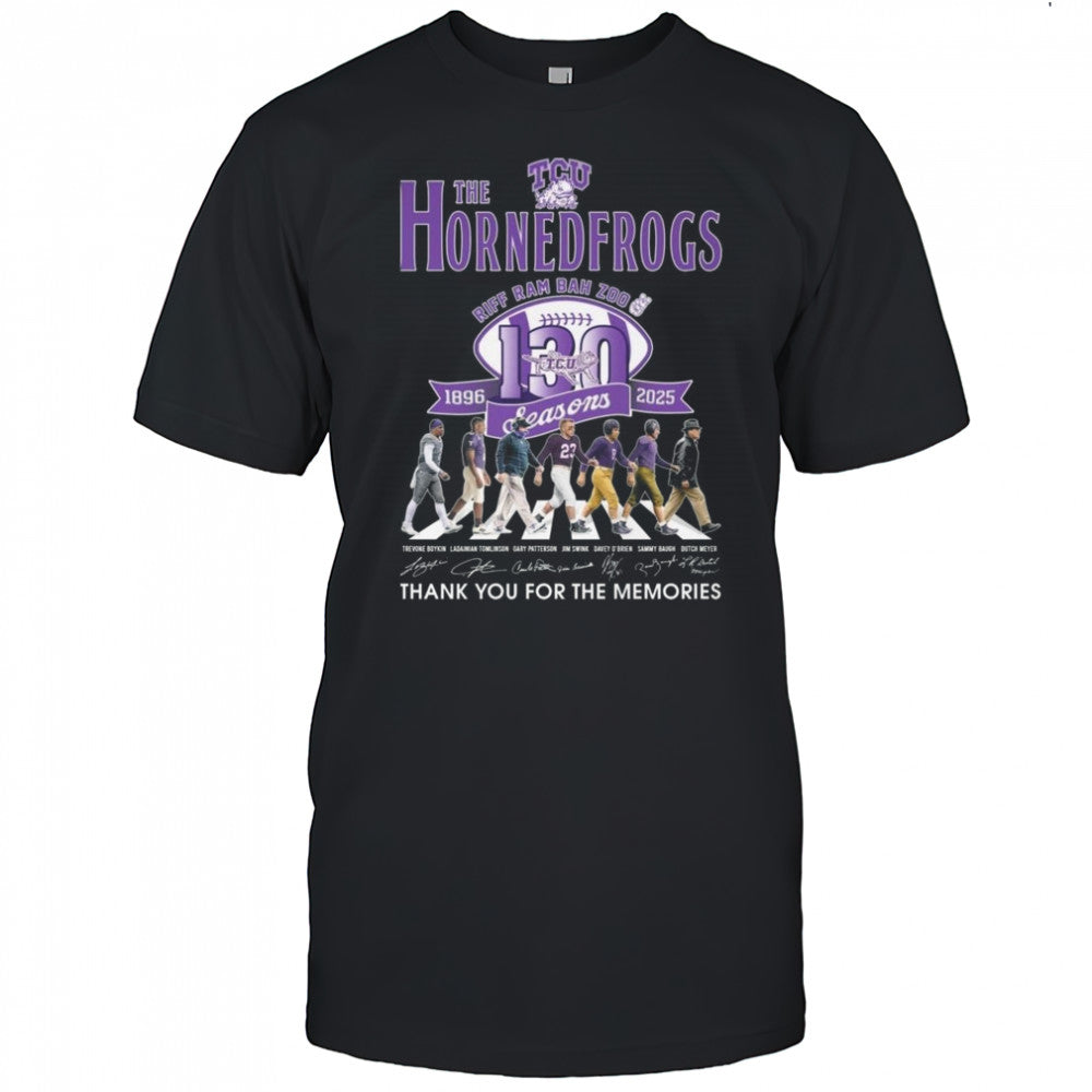 The TCU Horned Frogs Riff Ram Bah Zoo 130 Seasons 1896 2025 Signatures Thank You For The Memories Walking Shirt